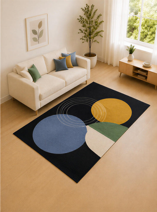 ICE ARMOR "Ultra Lightweight 5' x 7' Navy and Mustard Orbit Shapes Area Rug for Living Room, Bedroom and Home Office, Soft Low Pile Carpet with Non-Slip Silicone Backing