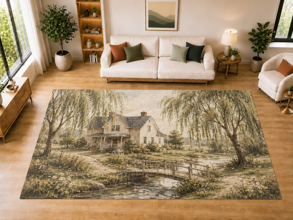 ICE ARMOR "Ultra Light Weight Large 6'7" x 9'10" Willow Farmhouse Area Rug for Dining, Living Room, Bedroom, Soft Low Pile Indoor Rug with Non-Slip Silicone Backing, Green Beige