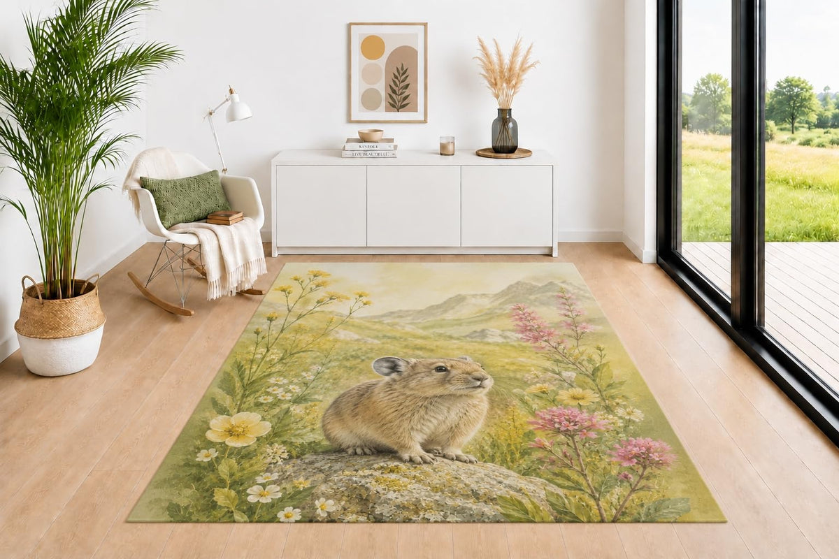 ICE ARMOR 5' x 7' Pika Mountain Meadow Area Rug for Living Room, Soft Low Pile Indoor Rug with Non-Slip Backing, Wildlife Carpet for Bedroom, Dining Room, Office, Green Yellow