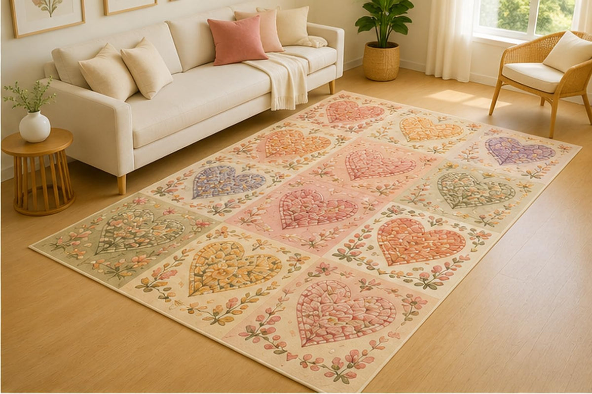 ICE ARMOR 5' x 7' Patchwork Heart Quilt Area Rug for Living Room, Soft Low Pile Indoor Rug with Non-Slip Silicone Backing, Decorative Carpet for Bedroom, Nursery, Kids Room, Kids & Pets, Cream