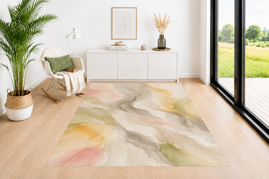 ICE ARMOR 5' x 7' Soft Wash Area Rug, Sage Green Blush Beige Cream and Sand Watercolor Inspired Pattern, Soft Low Pile Carpet for Living Room Bedroom Office Decor