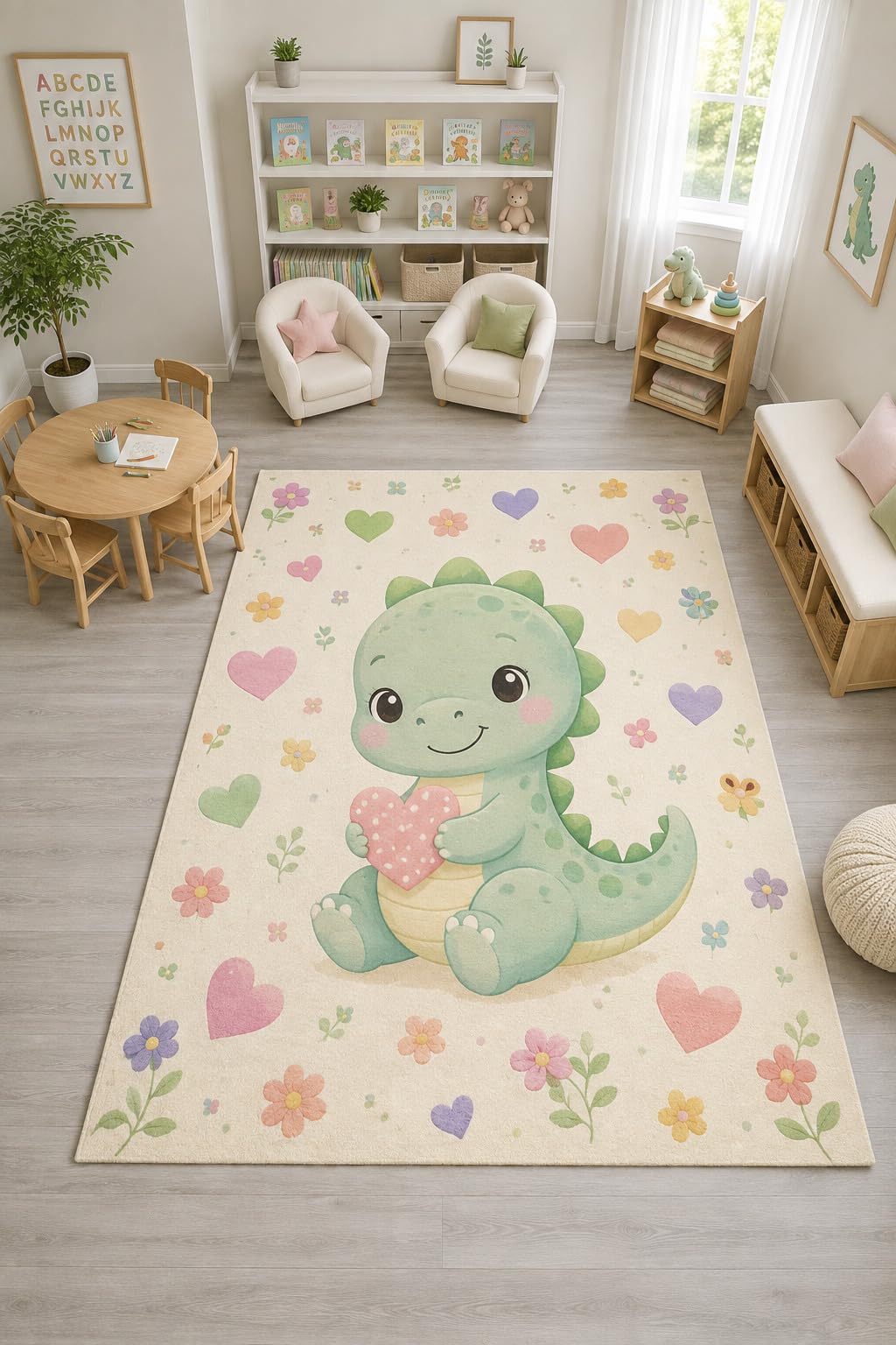 ICE ARMOR "Ultra Light Weight Large 6'7" x 9'10" Dinosaur Hearts Rug, Soft Low Pile Indoor Rug, Non-Slip Silicone Backing Nursery Kids Playroom Cream