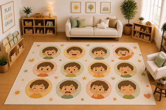 ICE ARMOR Large 6'7" x 9'10" Kids Emotions and Feelings Faces Area Rug for for Kids Room, Classroom, Bedroom, Playroom Decor, Soft Low Pile Indoor Rug with Non-Slip Silicone Backing, Cream Multicolor