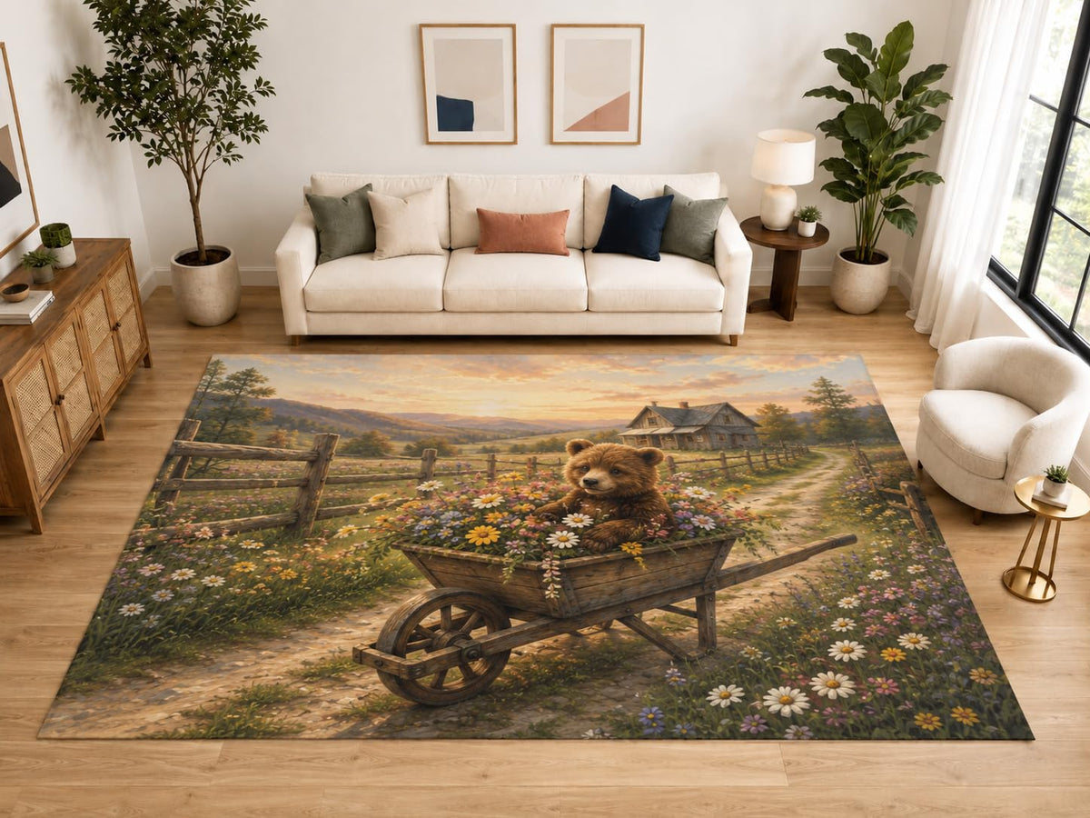 ICE ARMOR "Ultra Light Weight Large 6'7" x 9'10" Bear Cub Wheelbarrow Area Rug, Soft Low Pile Indoor Rug, Non-Slip Silicone Backing, Kids Room, Brown