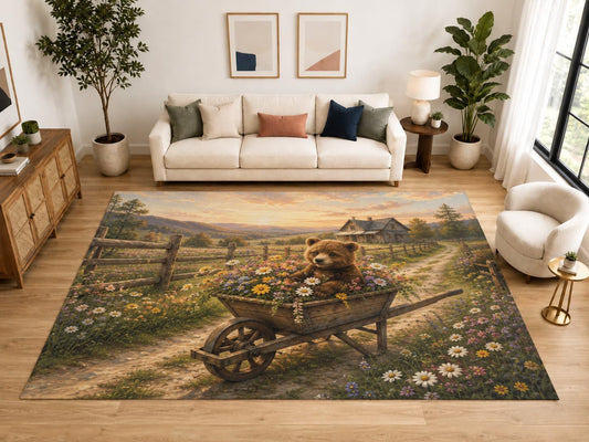 ICE ARMOR "Ultra Light Weight Large 6'7" x 9'10" Bear Cub Wheelbarrow Area Rug, Soft Low Pile Indoor Rug, Non-Slip Silicone Backing, Kids Room, Brown