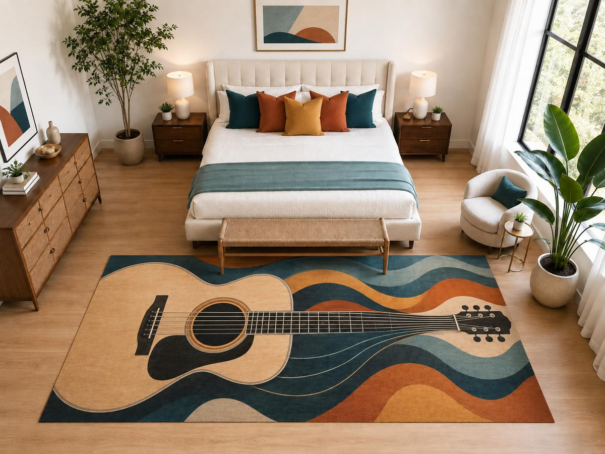 ICE ARMOR "Ultra Light Weight Large 6'7" x 9'10" Retro Wave Acoustic Guitar Rug, Soft Low Pile Indoor Rug, Non-Slip Silicone Backing for Bedroom Blue