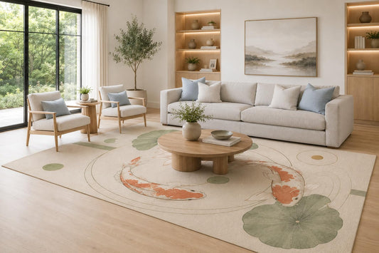 ICE ARMOR Large 6'7" x 9'10" Sage Green and Cream Lotus Pond Koi Area Rug for Living Room, Soft Low Pile Carpet with Non-Slip Silicone Backing, Decor for Bedroom, Dining Area and Home Office
