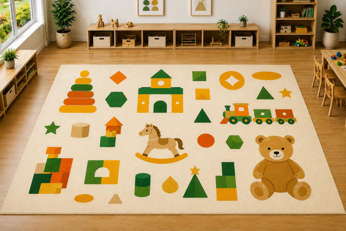 ICE ARMOR Large 6'7" x 9'10" Kids Toys Shapes Area Rug, Soft Low Pile Indoor Rug with Non-Slip Silicone Backing for Nursery and Playroom, Ivory
