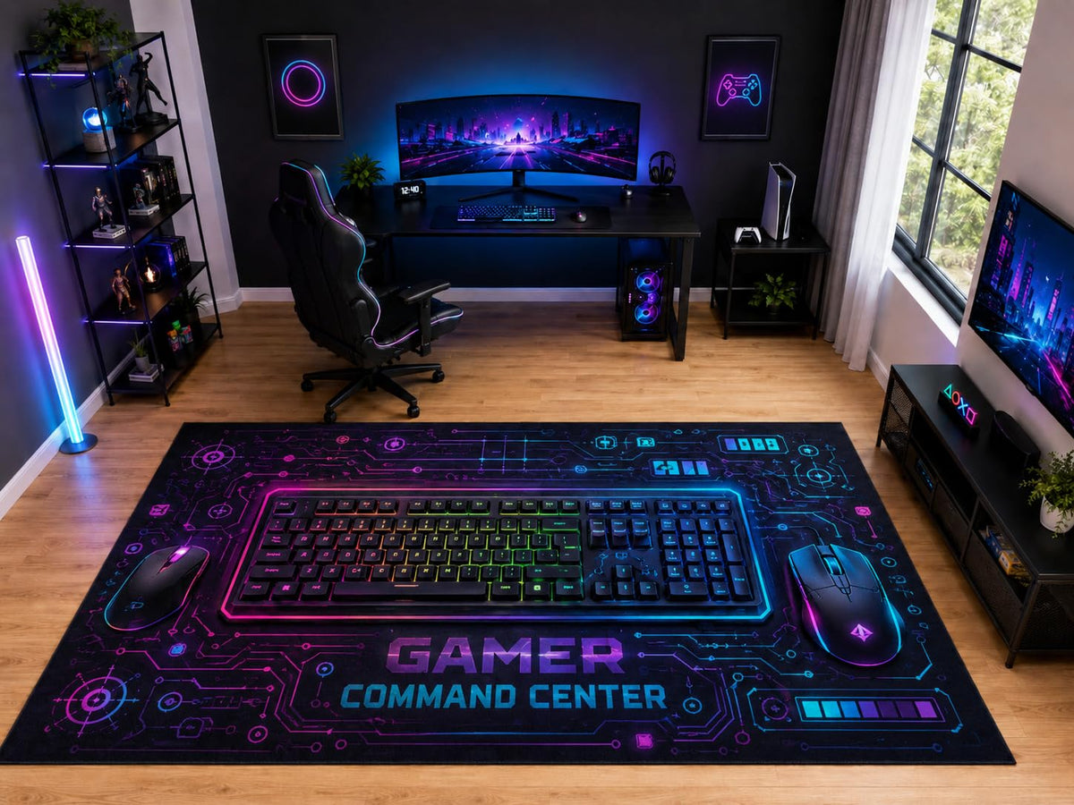 ICE ARMOR "Ultra Light Weight Large 6'7" x 9'10" Gamer Command Center Area Rug for Bedroom Office, Soft Low Pile Indoor Rug and Non-Slip Silicone Backing, Black