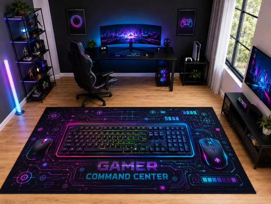 ICE ARMOR "Ultra Light Weight Large 6'7" x 9'10" Gamer Command Center Area Rug for Bedroom Office, Soft Low Pile Indoor Rug and Non-Slip Silicone Backing, Black