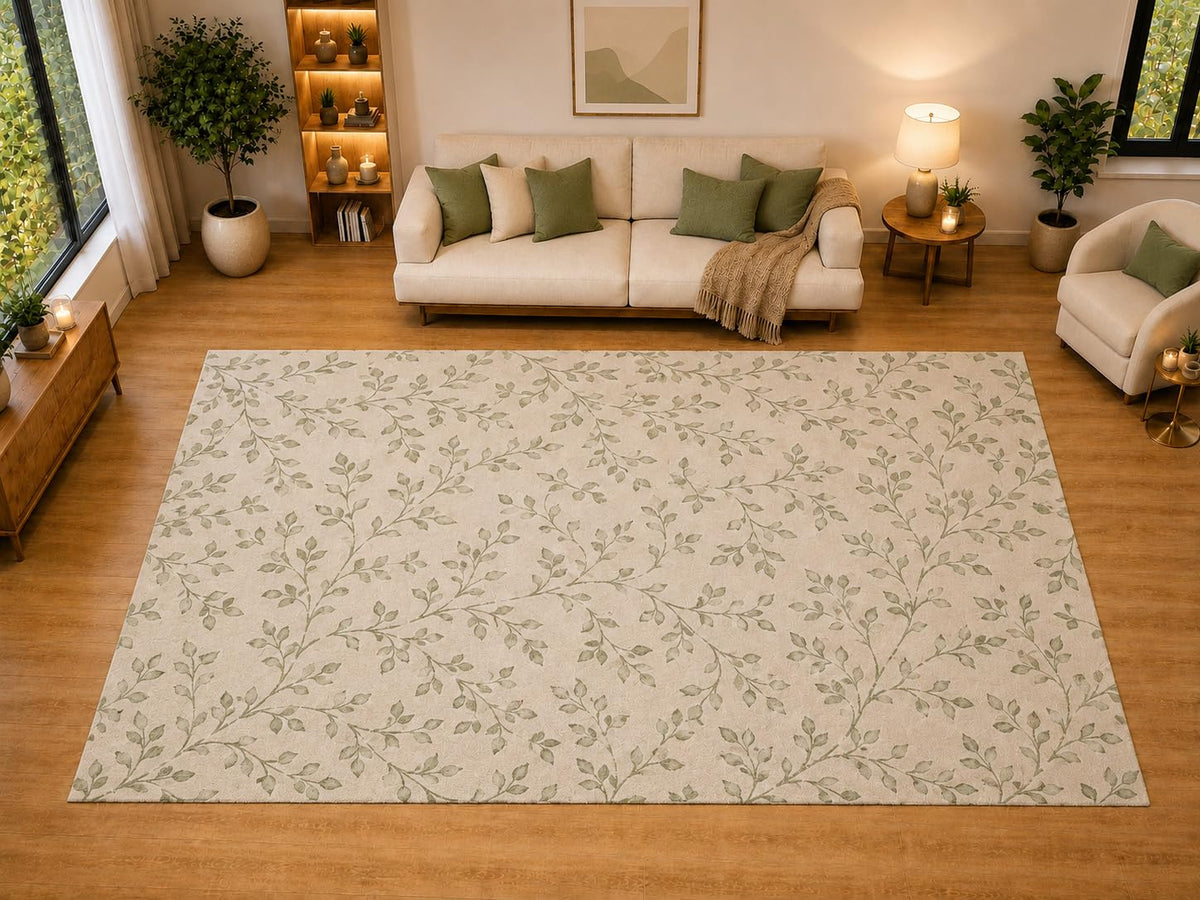 ICE ARMOR "Ultra Light Weight Large 6'7" x 9'10" Delicate Leaf Sprigs Area Rug for Living Room, Bedroom, Dining Room, Soft Low Pile Non-Slip Backing, Sage Ivory