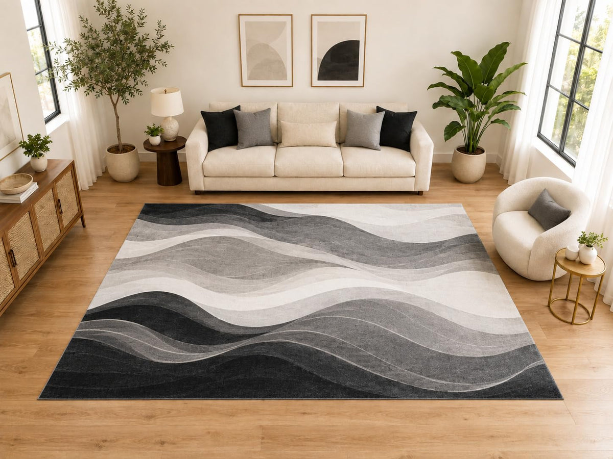 ICE ARMOR "Ultra Light Weight Large 6'7" x 9'10" Abstract Layered Wave Area Rug, Soft Low Pile Indoor Rug and Non-Slip Silicone Backing for Living Room, Black Gray