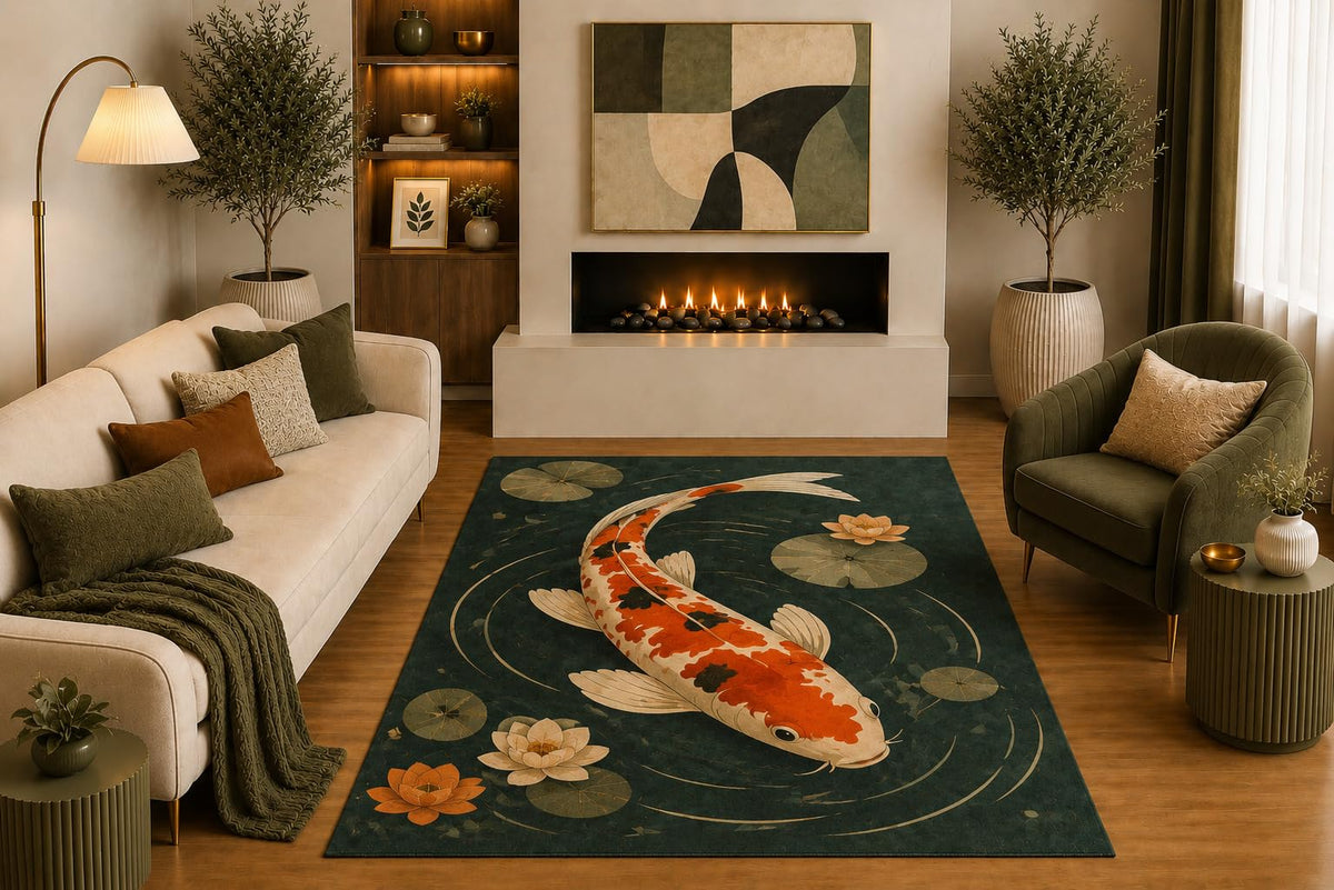 ICE ARMOR "Ultra Light Weight 5' x 7' Koi Fish Lotus Area Rug Japanese Pond Art in Green Orange Cream for Living Room Bedroom Dining Room Zen Decor Non-Slip Silicone Backing Low Pile