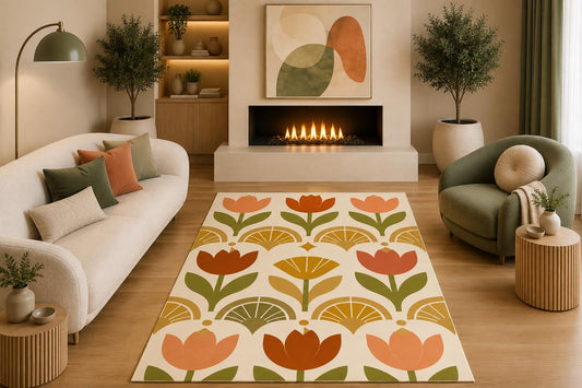 ICE ARMOR 5' x 7' Mid Century Tulip Floral Area Rug Scandinavian Botanical Cream Orange Mustard Green Pattern for Living Room Bedroom Dining Room Non-Slip Silicone Backing Low Pile