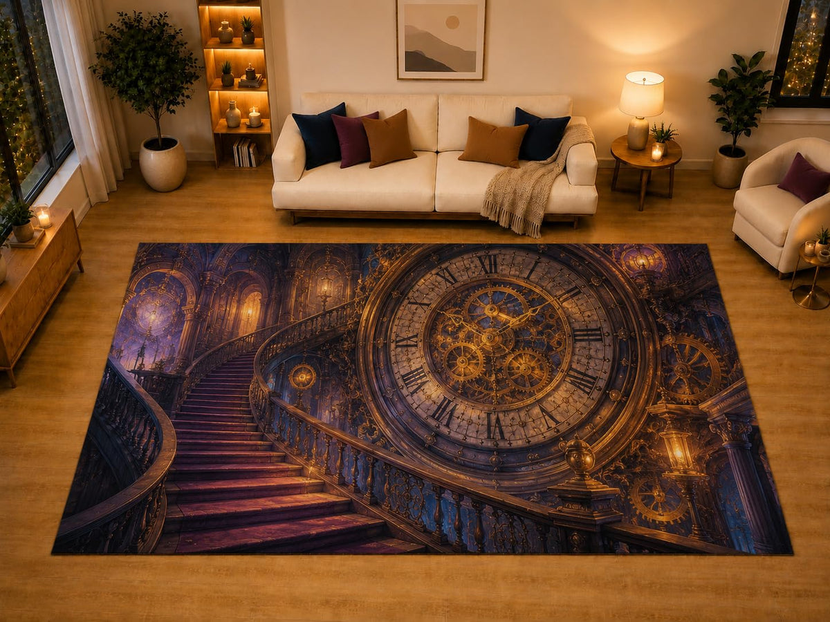 ICE ARMOR "Ultra Light Weight Large 6'7" x 9'10" Steampunk Clock Staircase Area Rug for Living Room Bedroom Dining Area, Soft Low Pile Non-Slip Backing, Purple Black Dark Academia Decor