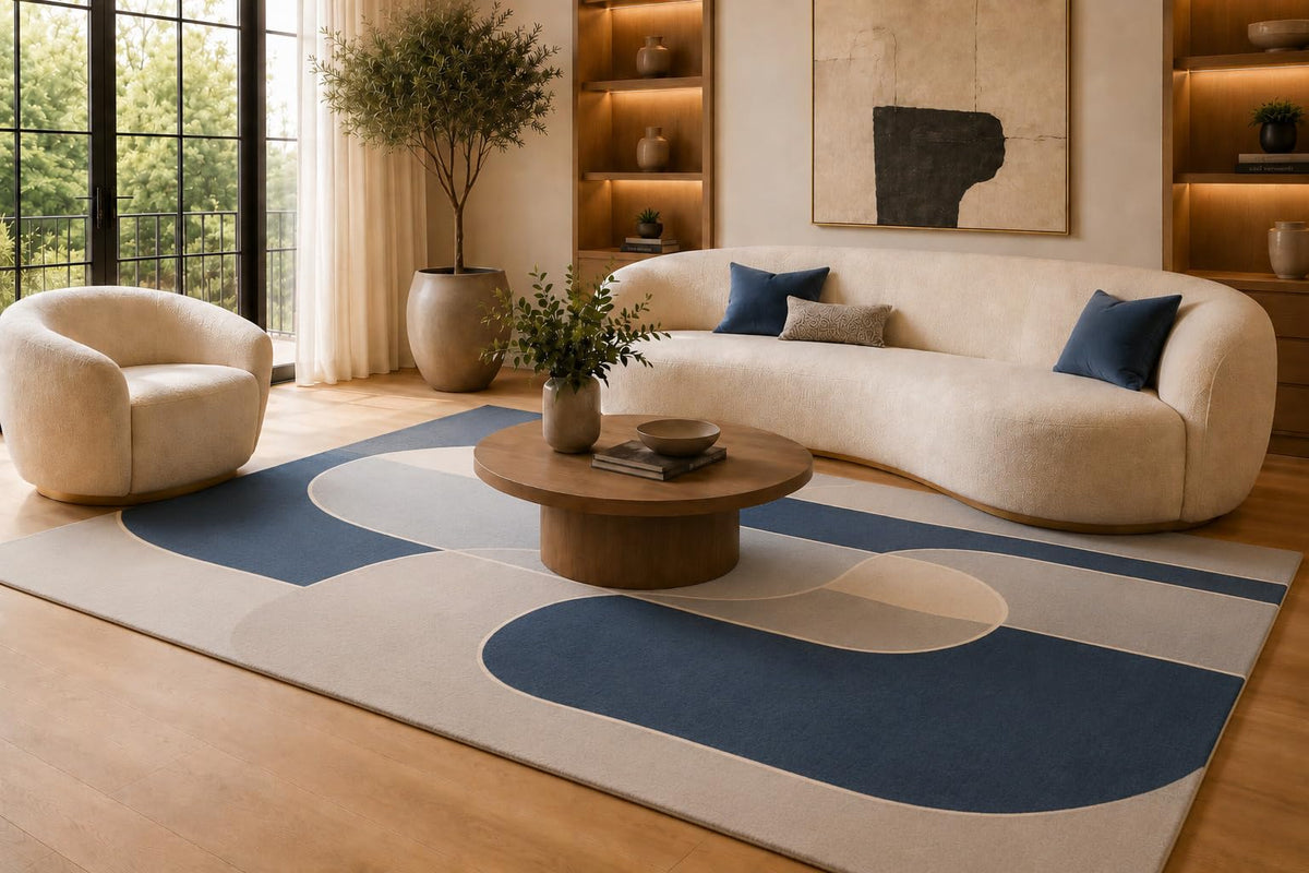 ICE ARMOR 6'7" x 9'10" Blue and Cream Flowing Oval Lines Area Rug for Living Room, Soft Low Pile Carpet with Non-Slip Silicone Backing, Floor Decor for Bedroom, Dining Area and Home Office