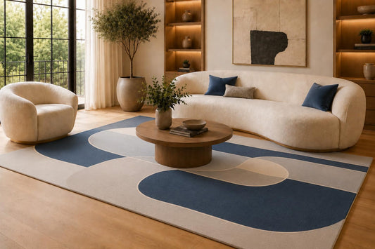 ICE ARMOR 6'7" x 9'10" Blue and Cream Flowing Oval Lines Area Rug for Living Room, Soft Low Pile Carpet with Non-Slip Silicone Backing, Floor Decor for Bedroom, Dining Area and Home Office