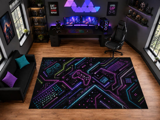 ICE ARMOR "Ultra Light Weight Large 6'7" x 9'10" Neon Gaming Icons Circuit Area Rug for Playroom Decor, Soft Low Pile Indoor Rug with Non-Slip Silicone Backing, Black Multicolor