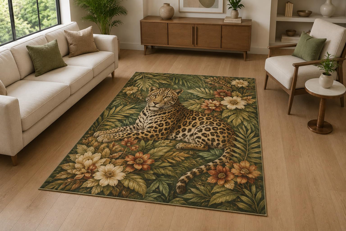ICE ARMOR 5' x 7' Leopard Tropical Floral Area Rug for Living Room, Soft Low Pile Indoor Rug with Non-Slip Silicone Backing, Jungle Carpet for Bedroom, Family Room, Kids & Pets, Green Brown