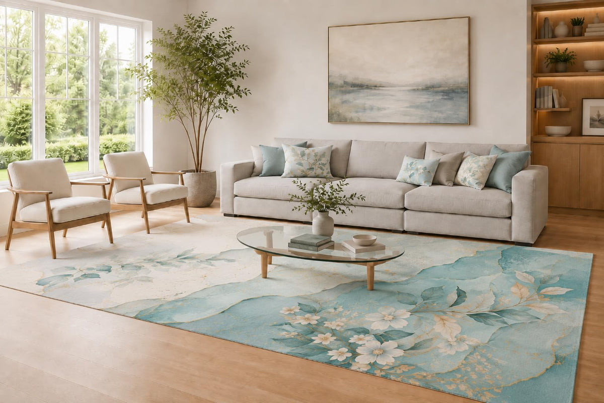 ICE ARMOR Large 6'7" x 9'10" Aqua Blue and Ivory Botanical Marble Blooms Area Rug for Living Room, Soft Low Pile Carpet with Non-Slip Silicone Backing, Decor for Bedroom and Home Office