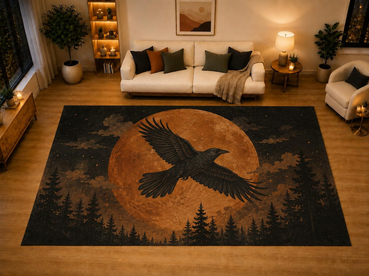 ICE ARMOR "Ultra Light Weight Large 6'7" x 9'10" Raven Full Moon Forest Area Rug for Living Room Bedroom, Soft Low Pile Non-Slip Backing, Black Orange Gothic Halloween Decor