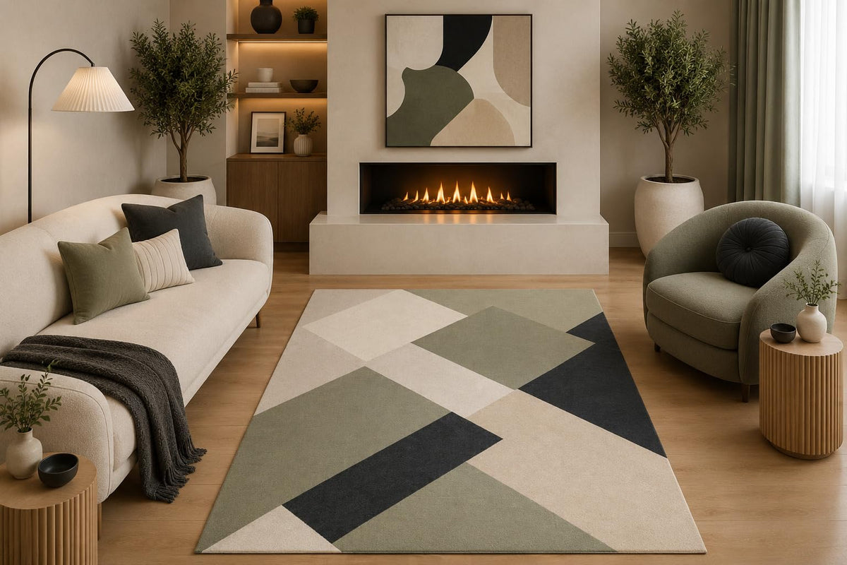ICE ARMOR 5' x 7' Modern Geometric Area Rug Abstract Sage Green Black Beige Diamond Design for Living Room Bedroom Dining Room Office Non-Slip Silicone Backing Low Pile