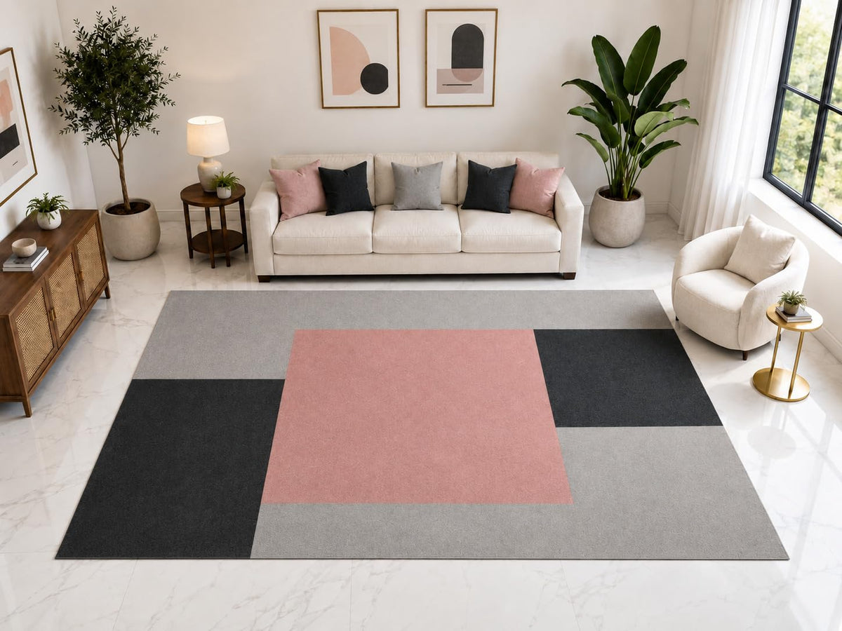 ICE ARMOR "Ultra Light Weight Large 6'7" x 9'10" Abstract Geometric Rug, Soft Low Pile Indoor Rug, Non-Slip Silicone Backing for Office Pink Gray