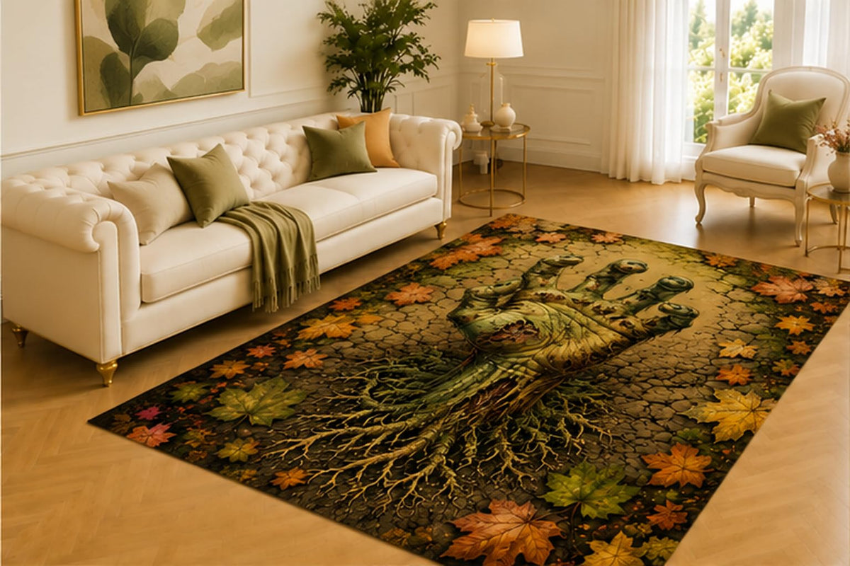 ICE ARMOR 5' x 7' Zombie Hand Rug, Cracked Earth Autumn Leaf and Root Artwork, Smooth Printed Floor Cover for Entryway, Study, Office and Halloween Decor