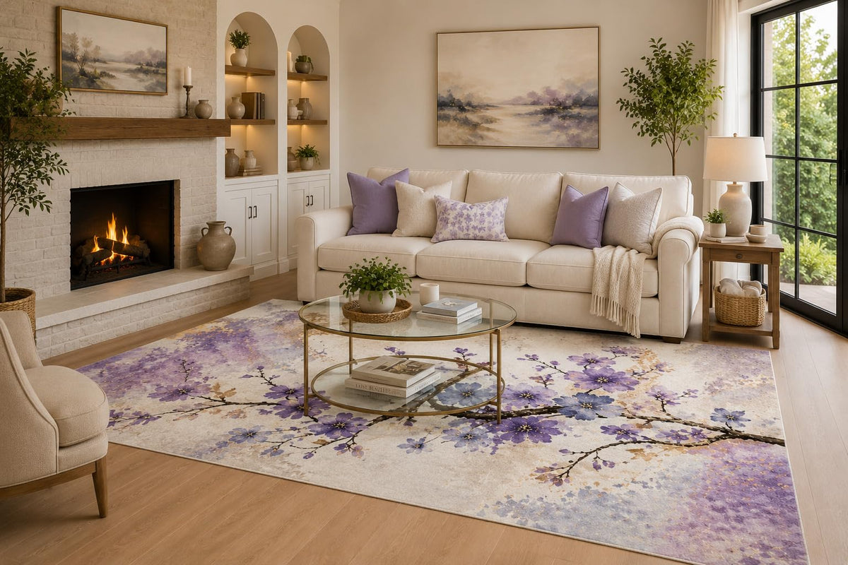 ICE ARMOR 6'7" x 9'10" Purple, Blue and Cream Violet Blossom Branches Area Rug for Living Room, Soft Low Pile with Non-Slip Backing, Bedroom, Dining Area and Office Decor