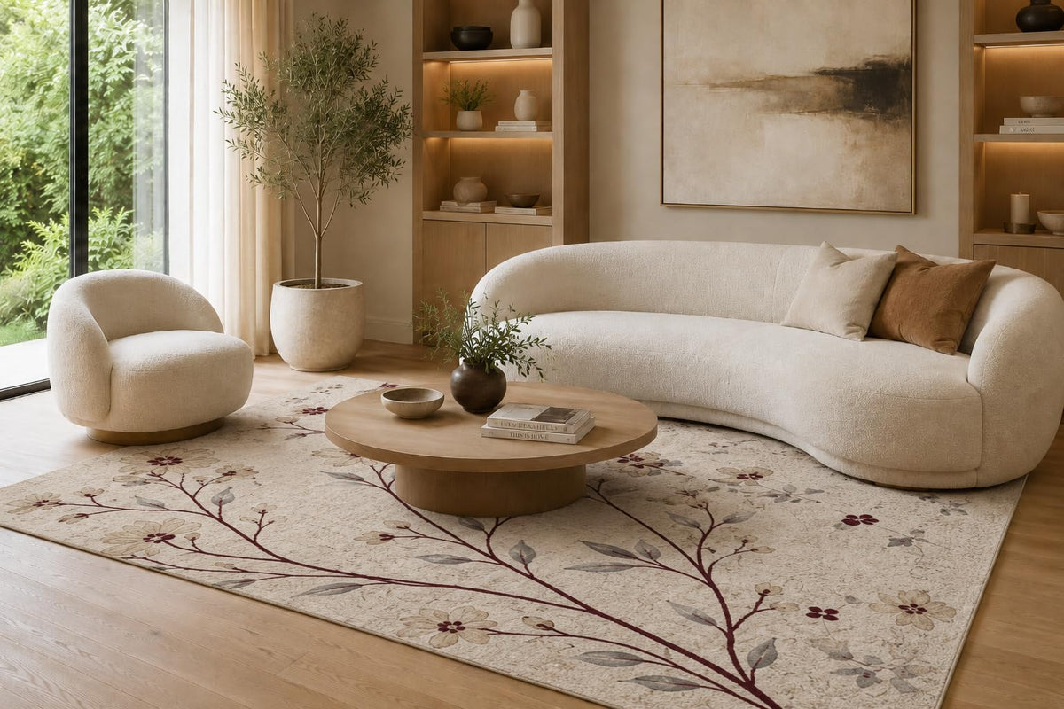 ICE ARMOR 6'7" x 9'10" Brown and Cream Floral Branches Area Rug for Living Room, Soft Low Pile Carpet with Non-Slip Silicone Backing, Floor Decor for Bedroom, Dining Area and Home Office