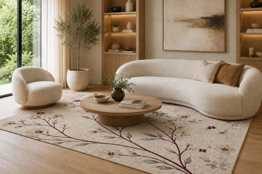 ICE ARMOR 6'7" x 9'10" Brown and Cream Floral Branches Area Rug for Living Room, Soft Low Pile Carpet with Non-Slip Silicone Backing, Floor Decor for Bedroom, Dining Area and Home Office