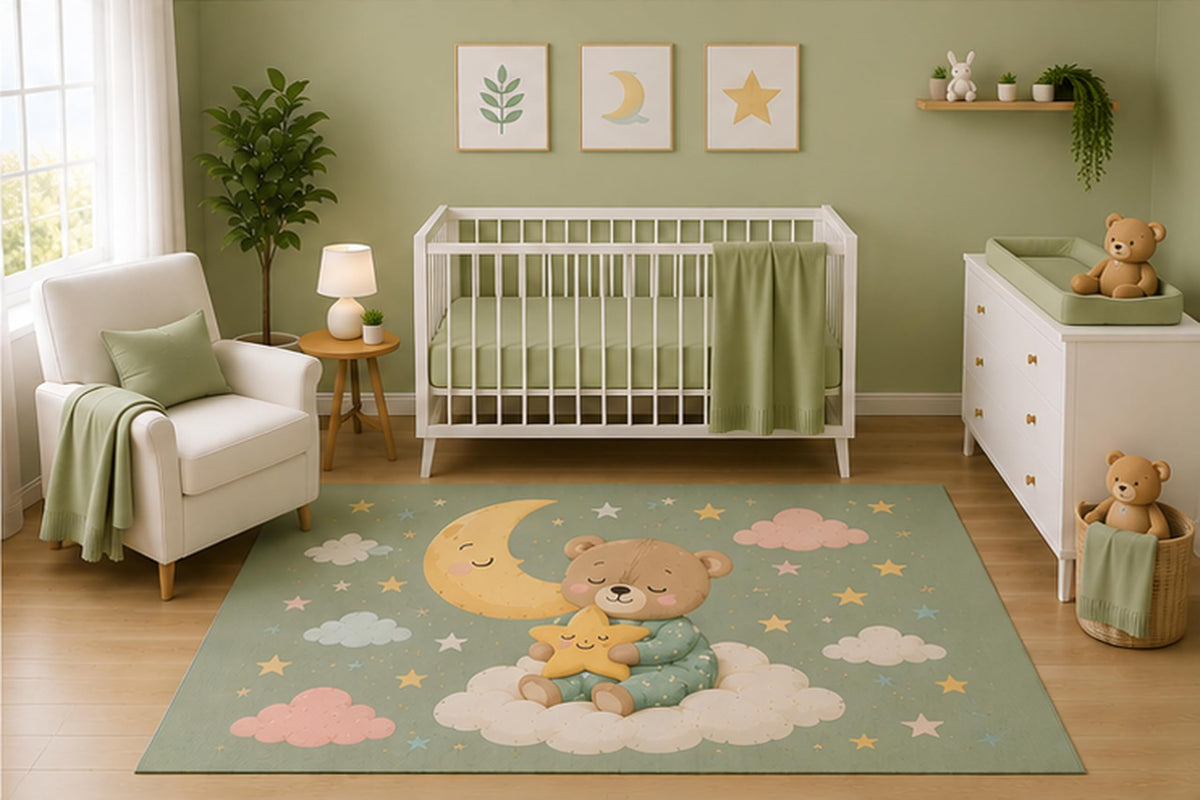 ICE ARMOR 5' x 7' Teddy Bear Moon and Star Area Rug for Nursery Room, Sage Green Pastel Clouds Baby Bedroom Decor, Non-Slip Silicone Backing Low Pile