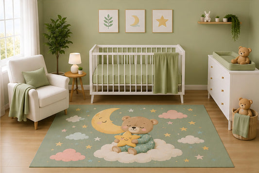 ICE ARMOR 5' x 7' Teddy Bear Moon and Star Area Rug for Nursery Room, Sage Green Pastel Clouds Baby Bedroom Decor, Non-Slip Silicone Backing Low Pile