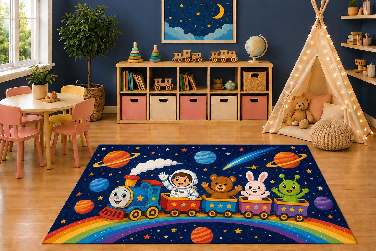 ICE ARMOR 5' x 7' Space Adventure Train Area Rug, Cartoon Astronaut Teddy Bear Bunny Alien Rainbow Galaxy Kids Playroom Bedroom Decor, Non-Slip Silicone Backing Low Pile