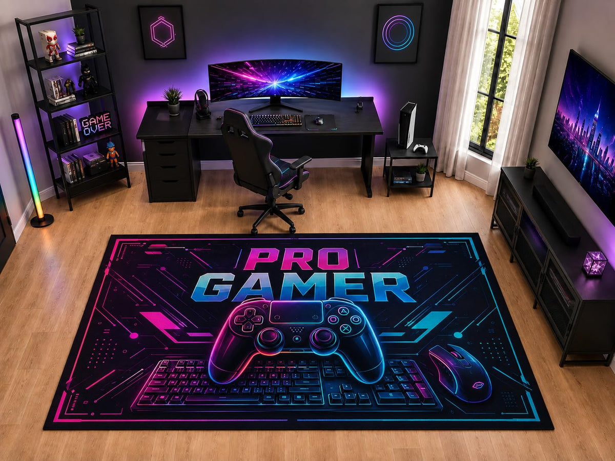 ICE ARMOR "Ultra Light Weight Large 6'7" x 9'10" Pro Gamer Controller Keyboard Area Rug for Bedroom Office, Soft Low Pile Indoor Rug and Non-Slip Silicone Backing, Black