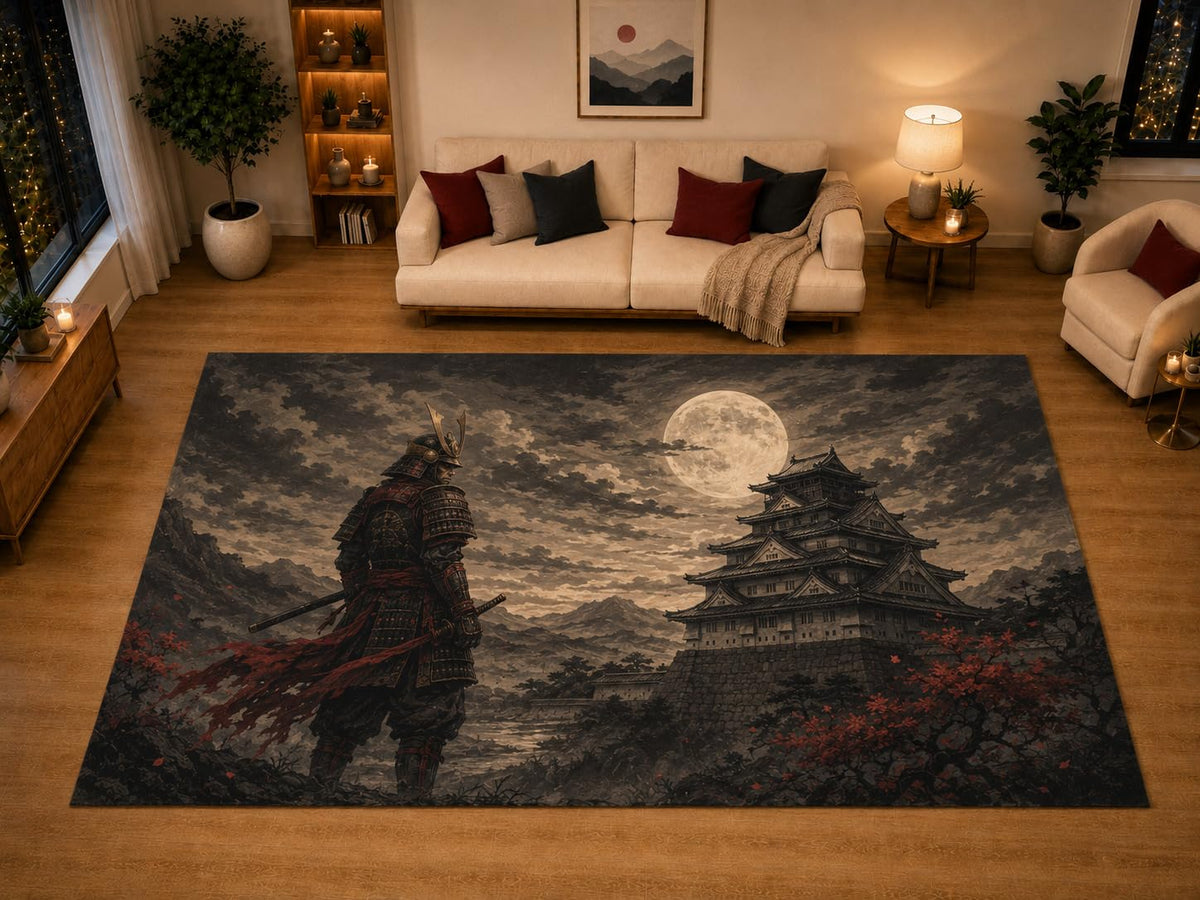 ICE ARMOR "Ultra Light Weight Large 6'7" x 9'10" Castle Moon Area Rug for Living Room Bedroom Dining Area, Soft Low Pile Non-Slip Backing, Black Red Beige Feudal Warrior Decor