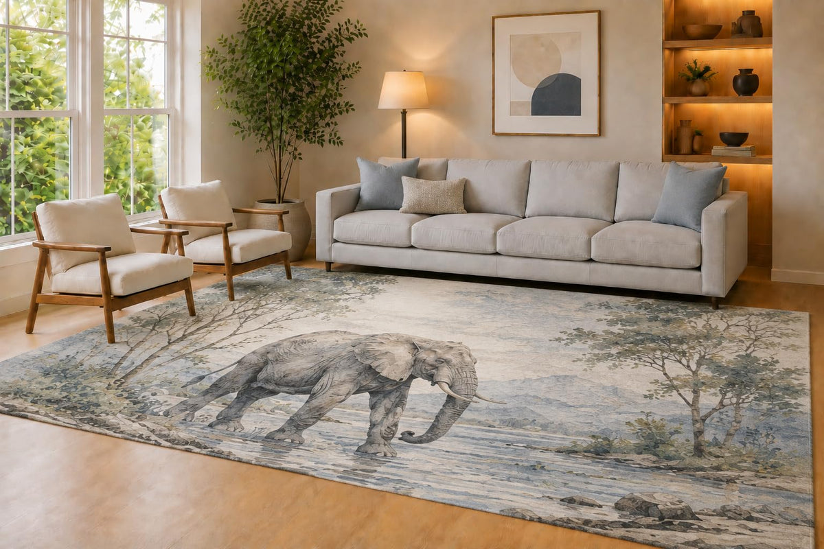 ICE ARMOR Large 6'7" x 9'10" Blue and Gray River Elephant Area Rug for Living Room, Soft Low Pile Carpet with Non-Slip Silicone Backing, Decor for Bedroom Dining Room and Home Office