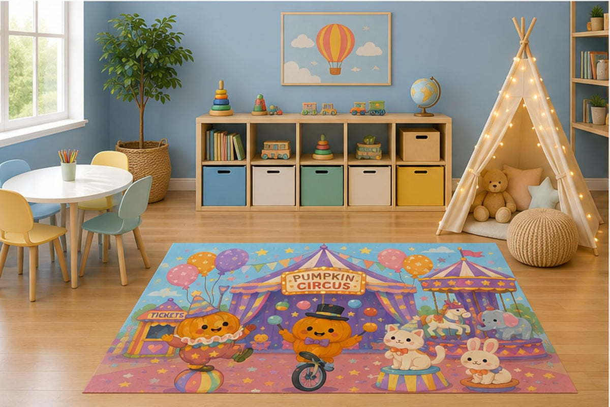 ICE ARMOR 5' x 7' Pumpkin Circus Carnival Kids Area Rug, Cute Animal Show Autumn Cartoon Playroom Nursery Bedroom Classroom Decor, Non-Slip Silicone Backing Low Pile
