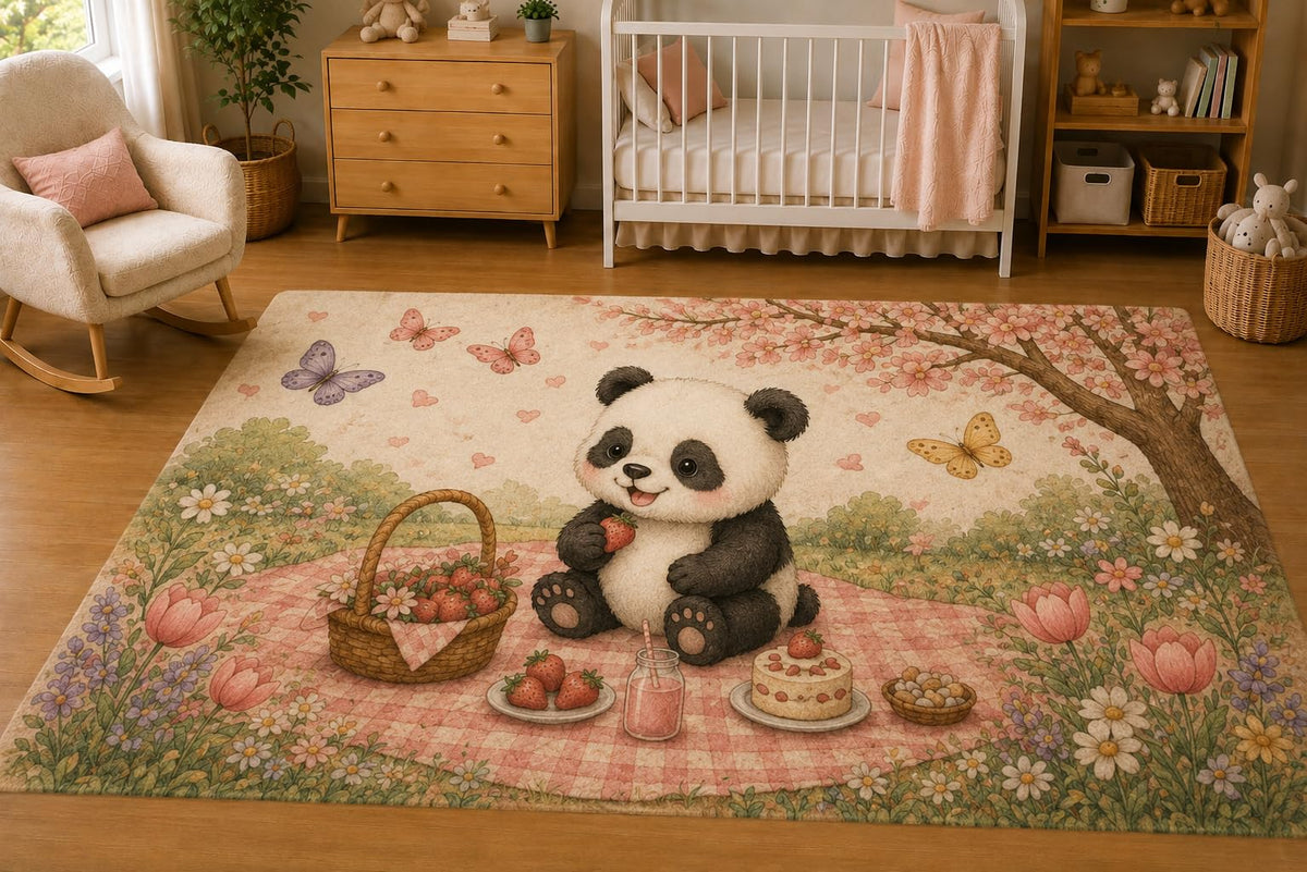 ICE ARMOR 5' x 7' Baby Panda Strawberry Picnic Area Rug for Nursery, Soft Low Pile Indoor Rug with Non-Slip Silicone Backing, Kids Room, Playroom, Kids & Pets, Beige Pink