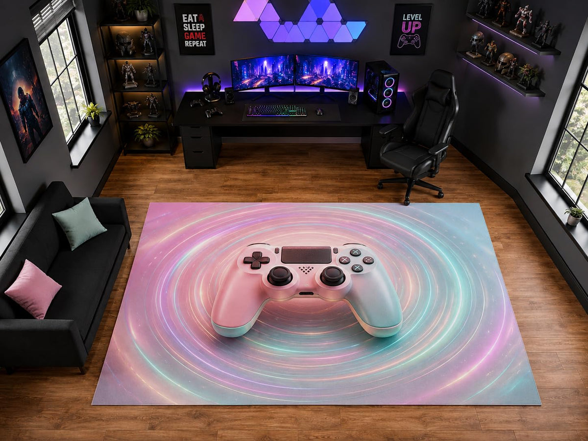 ICE ARMOR "Ultra Light Weight Large 6'7" x 9'10" Pastel Gaming Controller Swirl Area Rug for Playroom Decor, Soft Low Pile Indoor Rug with Non-Slip Silicone Backing, Pink Blue
