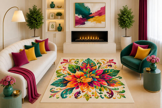 ICE ARMOR "Ultra Light Weight 5' x 7' Colorful Tropical Floral Area Rug Boho Botanical Flower Leaves Decor for Living Room Bedroom Non-Slip Silicone Backing Low Pile