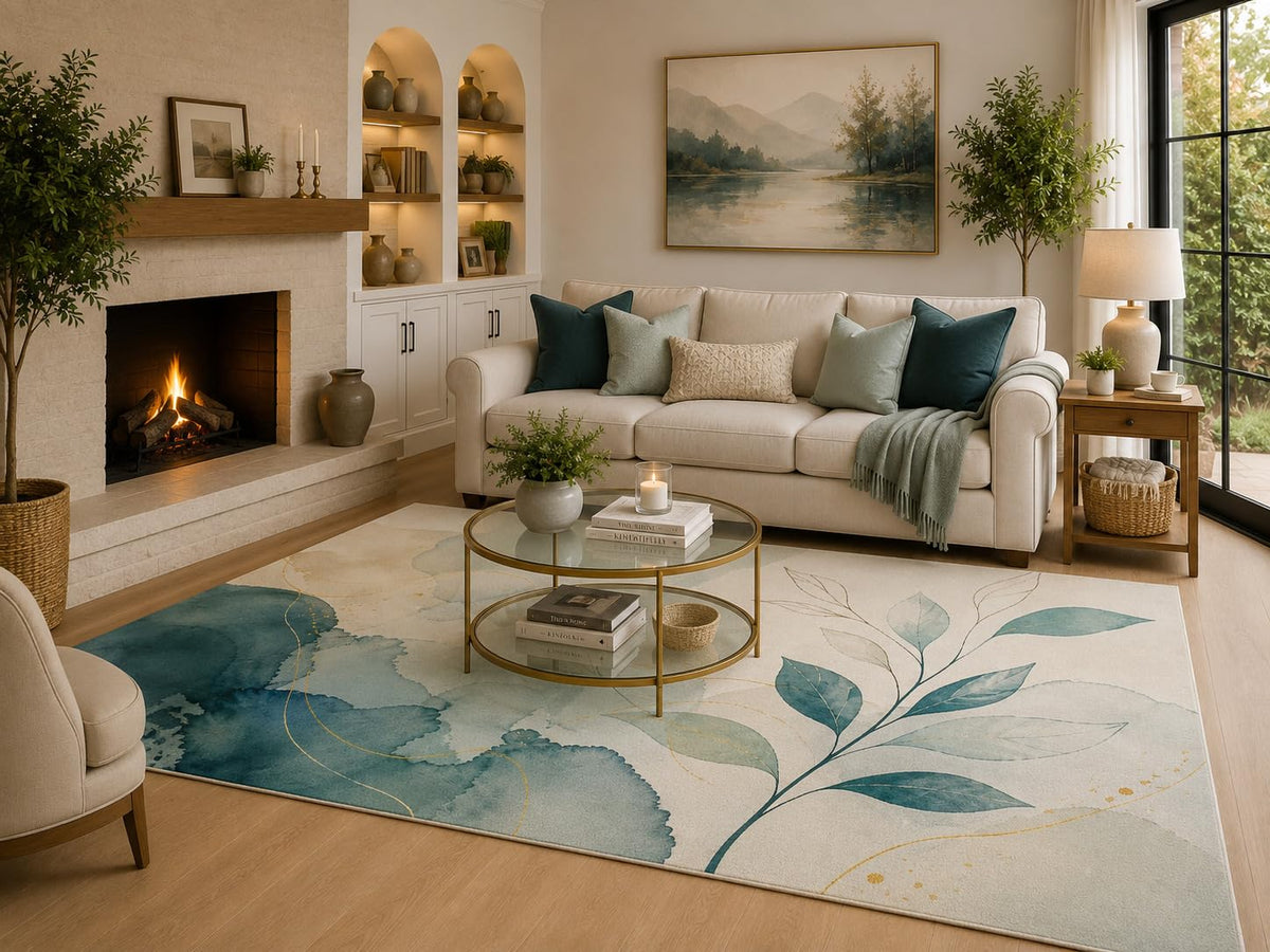 ICE ARMOR 6'7" x 9'10" Teal Blue, Aqua and Cream Botanical Watercolor Area Rug for Living Room, Soft Low Pile Carpet with Non-Slip Backing for Bedroom, Dining Room and Home Office