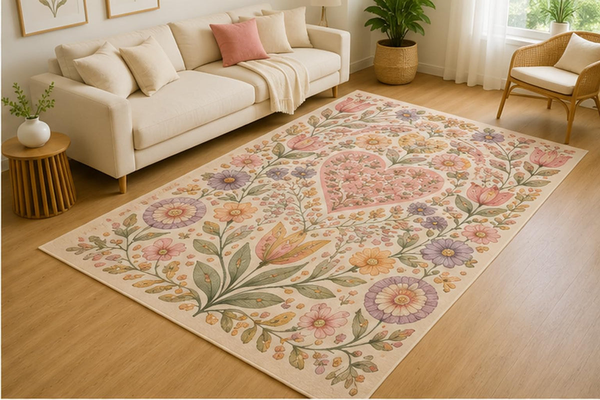 ICE ARMOR 5' x 7' Botanical Heart Garden Wreath Area Rug for Living Room, Soft Low Pile Indoor Rug with Non-Slip Silicone Backing, Decorative Carpet for Bedroom, Office, Family Room