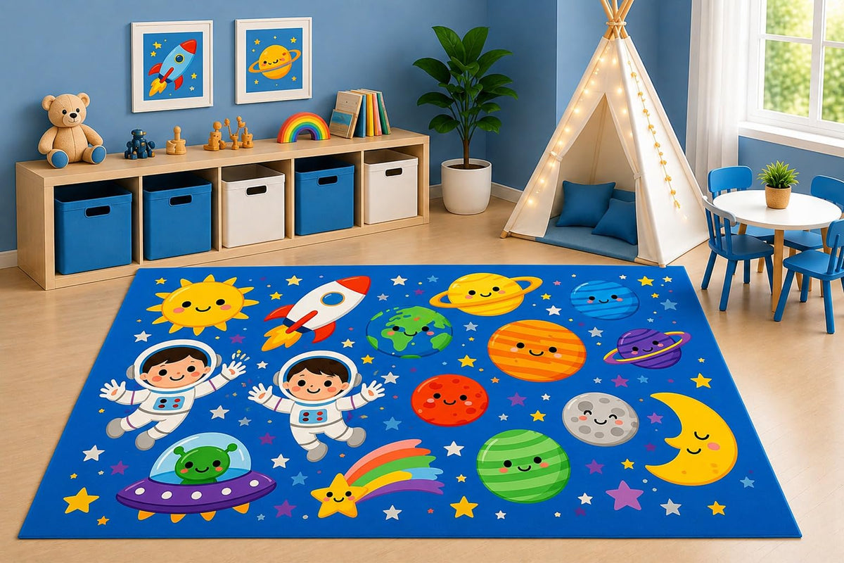 ICE ARMOR 5' x 7' Space Adventure Area Rug for Kids Playroom Nursery Bedroom, Astronaut Planets Rocket UFO Solar System Cartoon Decor, Non-Slip Silicone Backing Low Pile