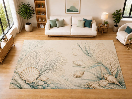 ICE ARMOR "Ultra Light Weight Large 6'7" x 9'10" Coral Botanical Area Rug for Dining, Living Room, Bedroom, Soft Low Pile Indoor Rug with Non-Slip Silicone Backing, Aqua Ivory
