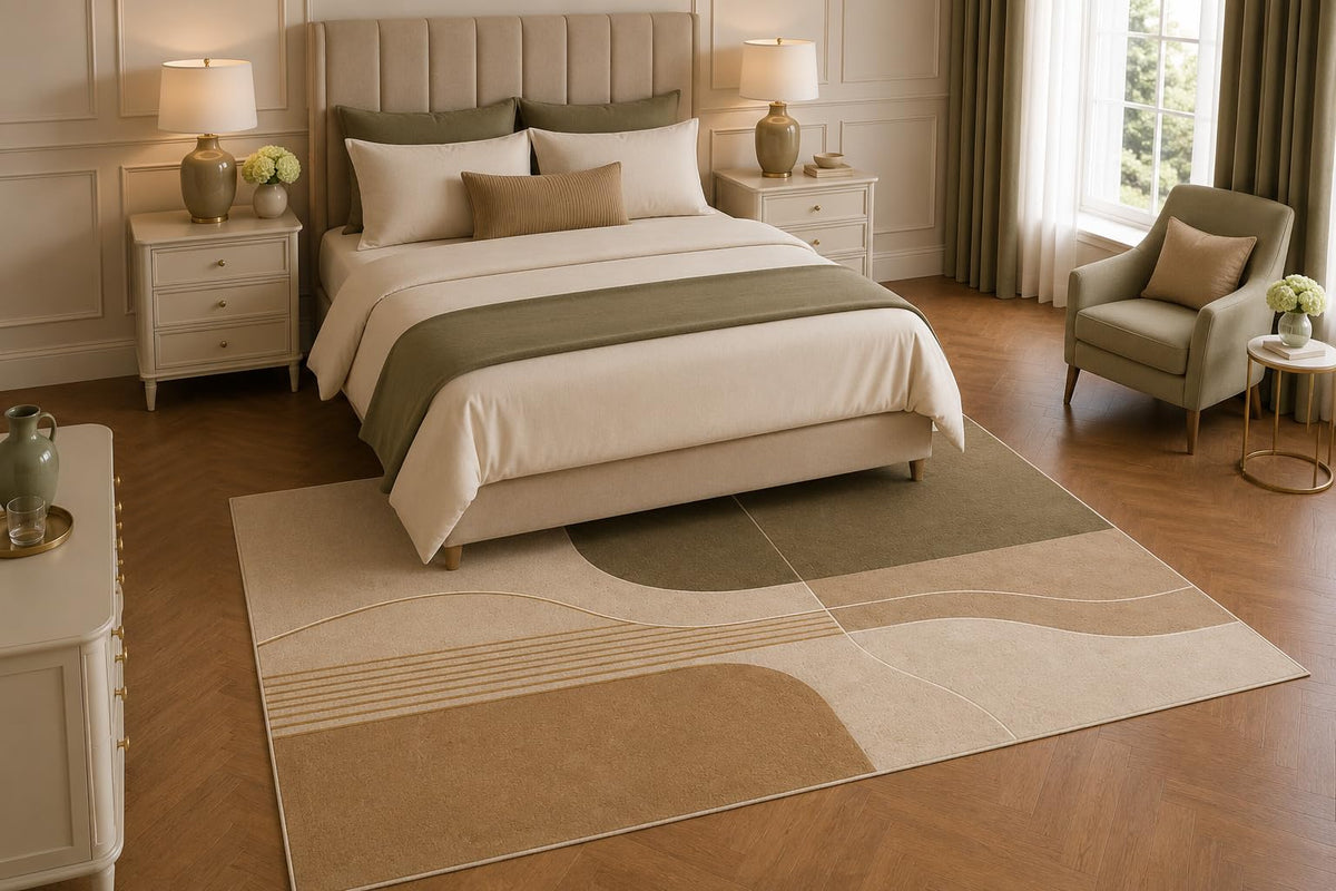 ICE ARMOR 5' x 7' Modern Geometric Area Rug, Beige Olive Abstract Lines Living Room Bedroom Office Decor, Non-Slip Silicone Backing Low Pile Carpet