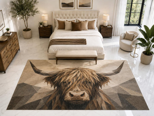 ICE ARMOR "Ultra Light Weight Large 6'7" x 9'10" Highland Cow Rug, Soft Low Pile Indoor Rug, Non-Slip Silicone Backing for Bedroom Brown Beige