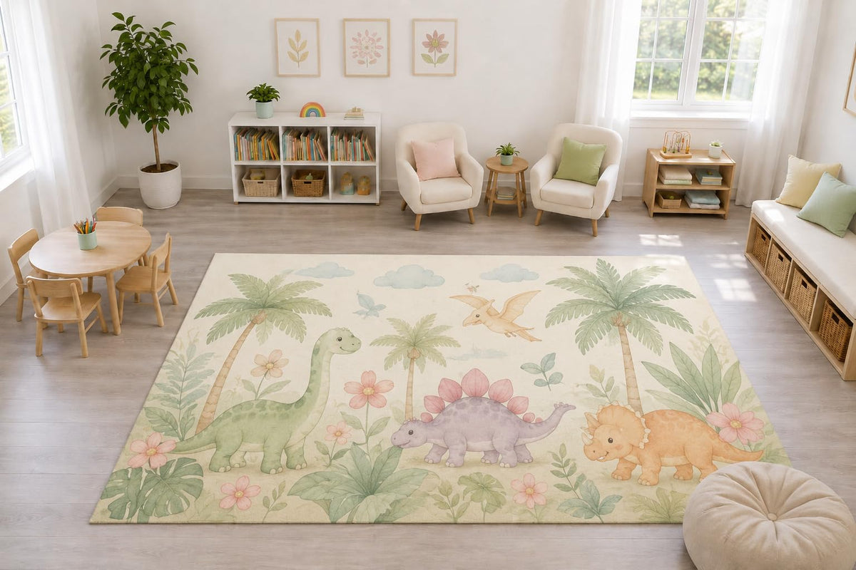 ICE ARMOR "Ultra Light Weight Large 6'7" x 9'10" Tropical Dinosaur Garden Rug, Soft Low Pile Indoor Rug, Non-Slip Silicone Backing Nursery Kids Cream