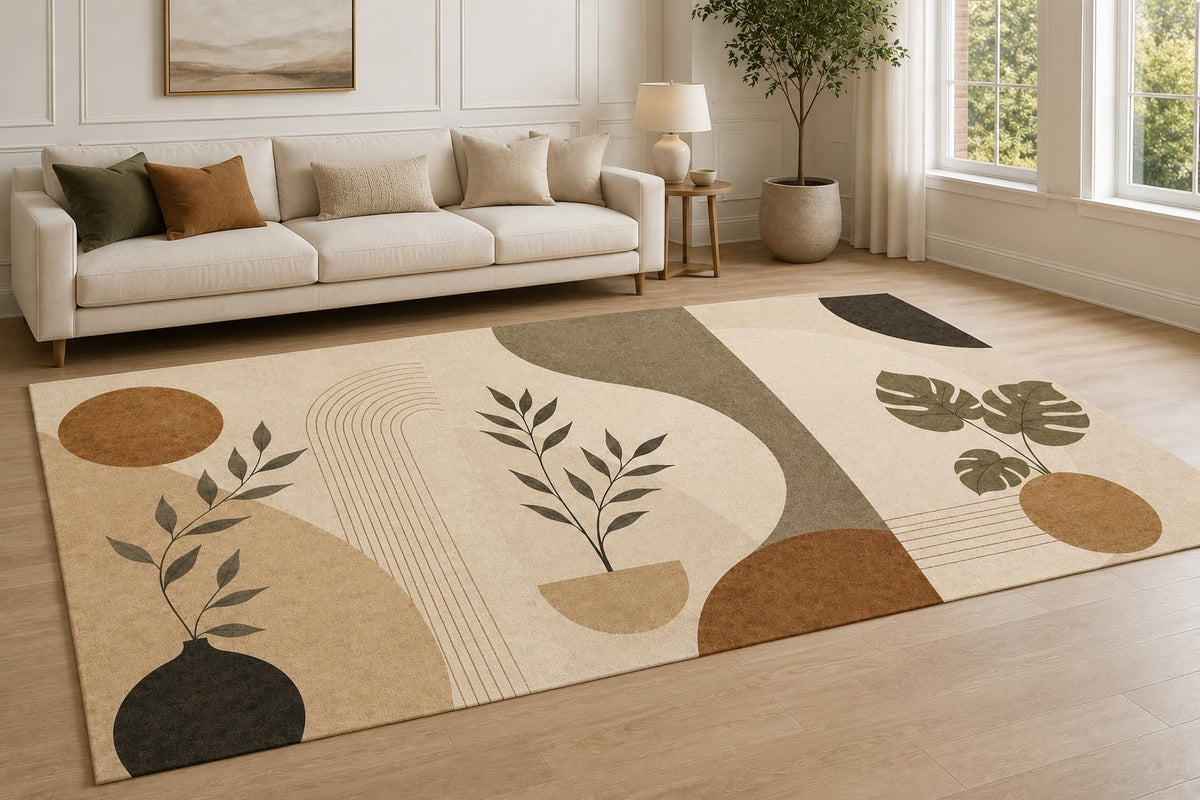 ICE ARMOR "Ultra Lightweight Large 6'7" x 9'10" Botanical Shapes Area Rug for Living Room, Bedroom and Home Office, Soft Low Pile Carpet with Non-Slip Silicone Backing, Beige and Olive