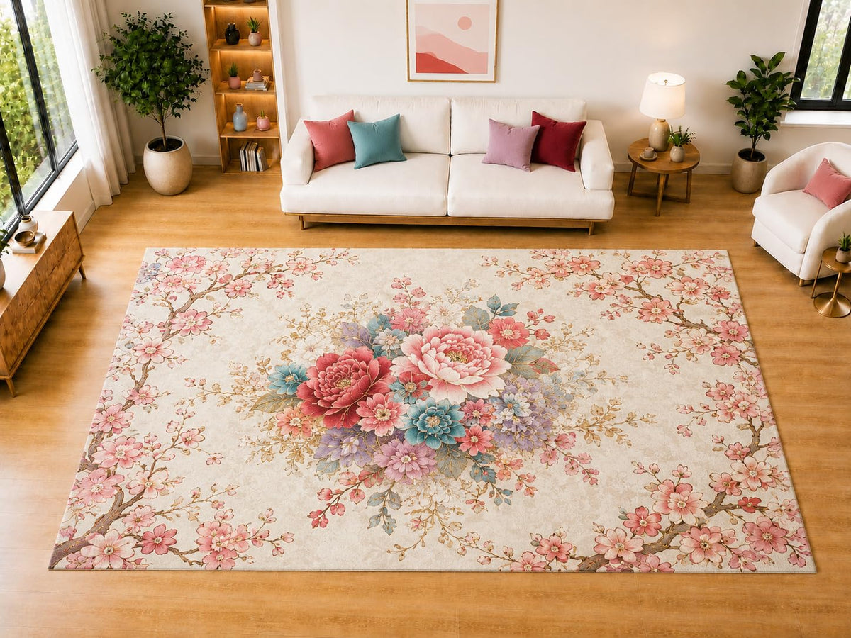 ICE ARMOR "Ultra Light Weight Large 6'7" x 9'10" Cherry Blossom Peony Area Rug for Living Room Bedroom Dining Room, Soft Low Pile Non-Slip Backing, Pink Blue Cream Floral Decor